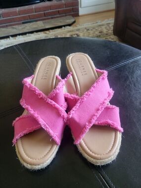 Journee Collection Pink Frayed Cross-Strap Slide Sandals